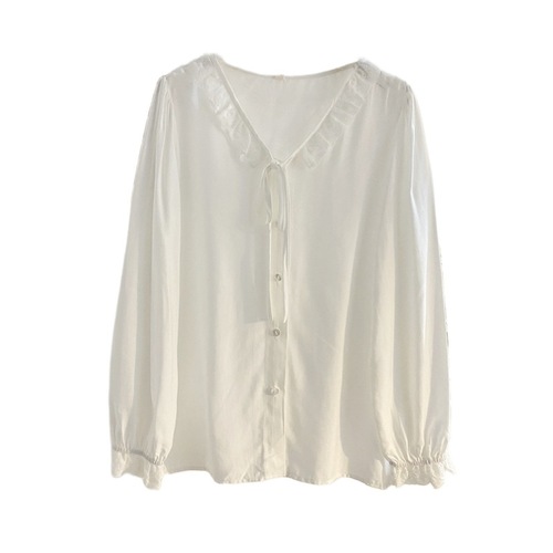 白色花边V领长袖衬衫女秋设计感法式甜美系带泡泡袖上衣打底衬衣