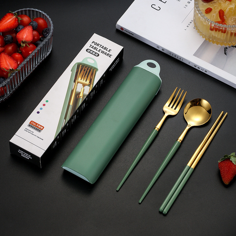 316L stainless steel portable tableware suit student chopsticks storage box travel with fork spoon single suit