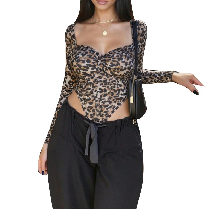 XM25037 estilo europeo y americano sexy leopardo tren de vestir 2025 otoño nuevo tren de vestir de cintura abierta in camisa de chicas calientes