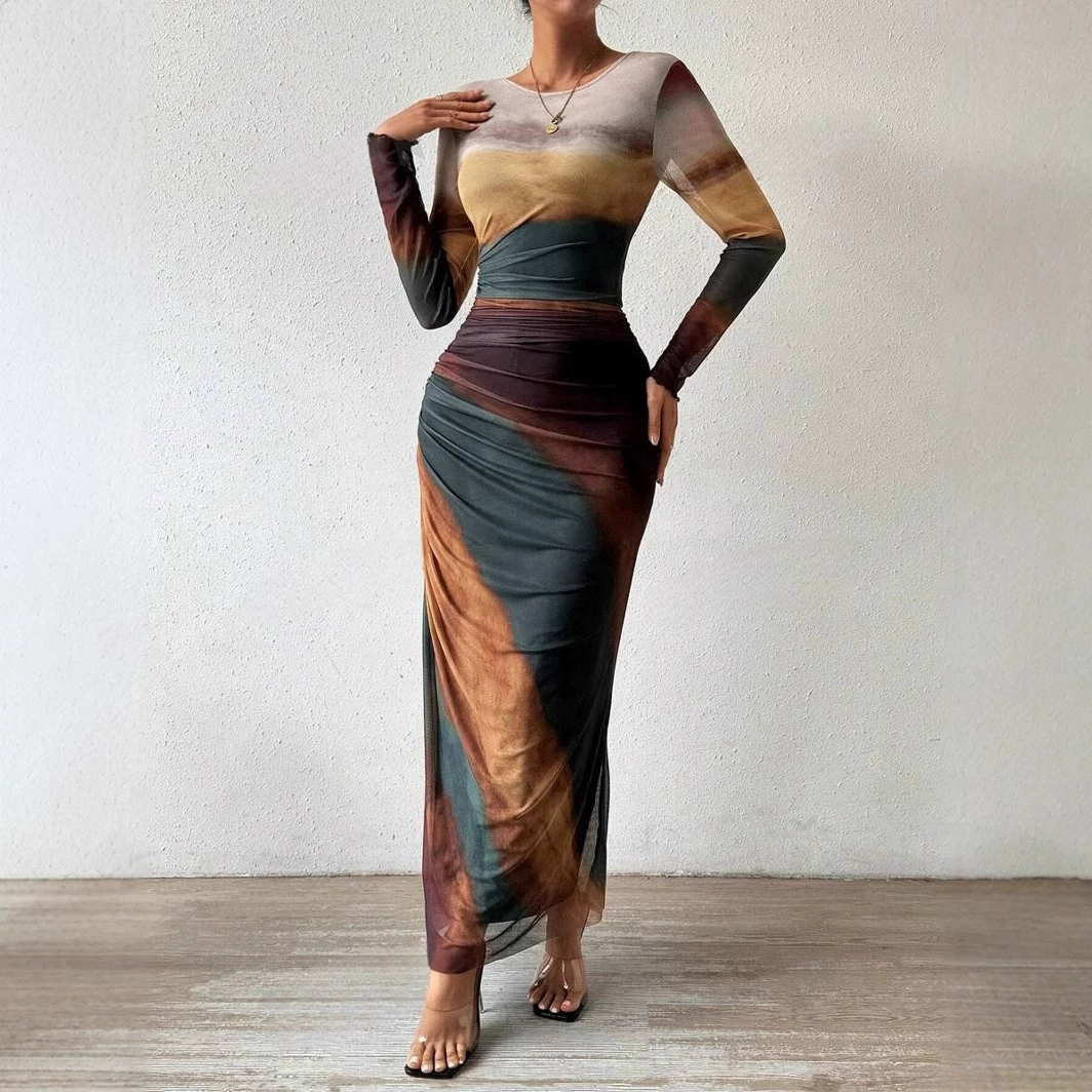 Платье контрастного цвета в европейском и американском стиле, осеннее женское высококачественное платье с тонкой талией и длинными рукавами