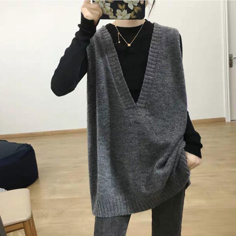 Mid-Length Korean Simple Casual Loose Knitwear Women's Versatile Knitwear Deep V Neck Sleeveless Vest Top Mid-Length Korean Simple Casual Loose Knitwear Women's Versatile Knitwear Deep V Neck Sleeveless Vest Top