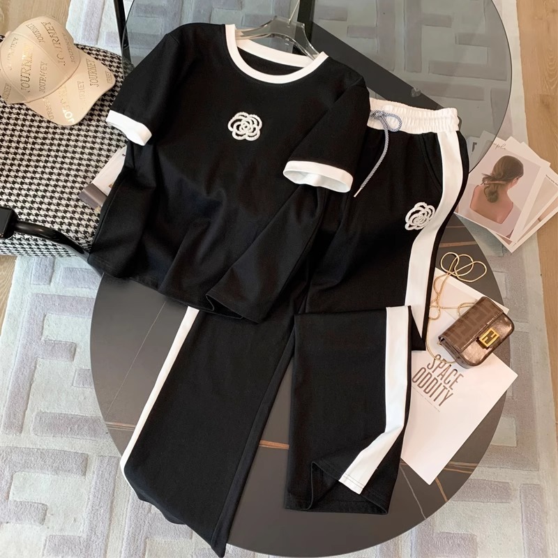 High-end Casual Sports suit Women's Summer Thin Street-fried Fashionable Western Style Age-reducing Wide-leg Pants Fashionable Two-piece Set