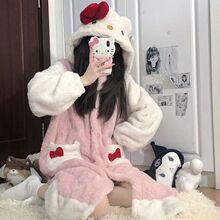 可爱小猫咪连帽珊瑚绒睡袍女冬款2025新款居家服睡衣加厚加绒睡裙