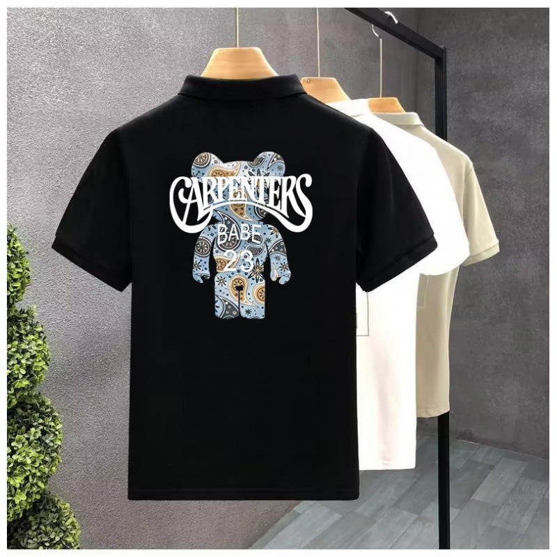 Summer Men's Polo Shirt with Paisley Pattern, Bear Lettering on the Back, Casual Versatile Youth Short-Sleeve T-Shirt