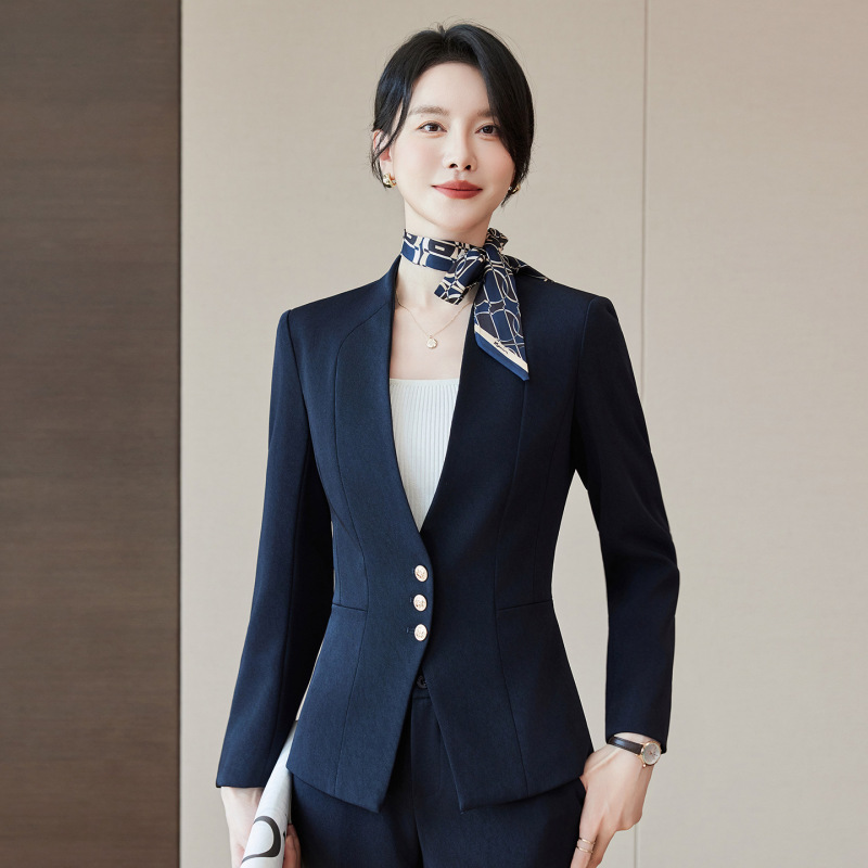 Navy Blue Professional Single-Breasted Long-Sleeved Suit for Women, Hotel Manager, Beauty Salon Front Desk Receptionist Work Uniform, Autumn