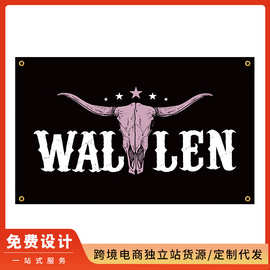 跨境旗帜外贸背景布旗帜定 制出口挂毯TEMU3*5FT西部粉色公牛头骨