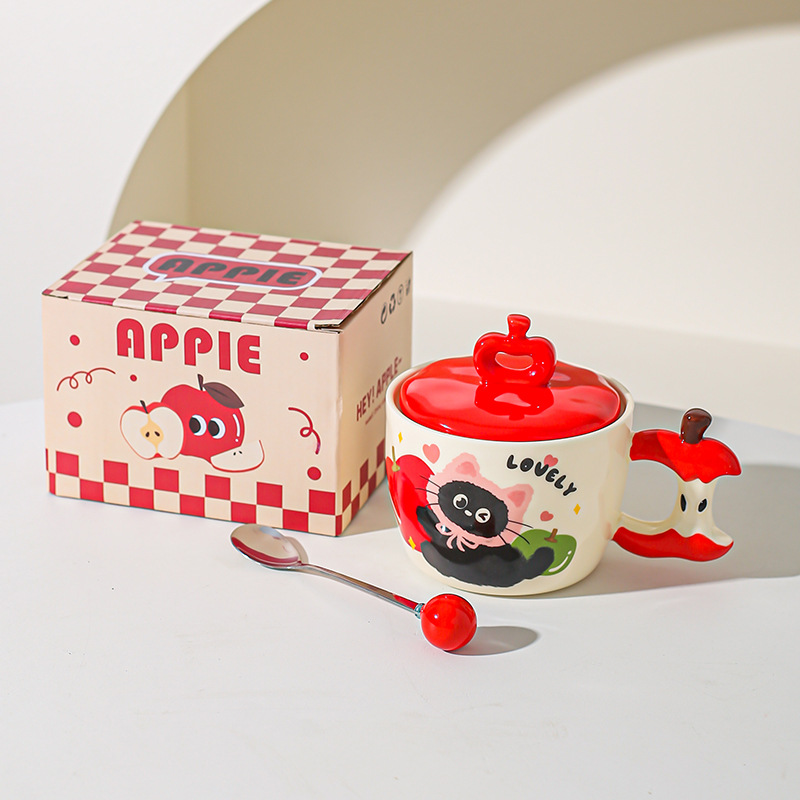 Taza de gato de manzana creativa con tapa de alto valor de pareja taza de cerámica taza de regalo de mano taza de desayuno para amigos