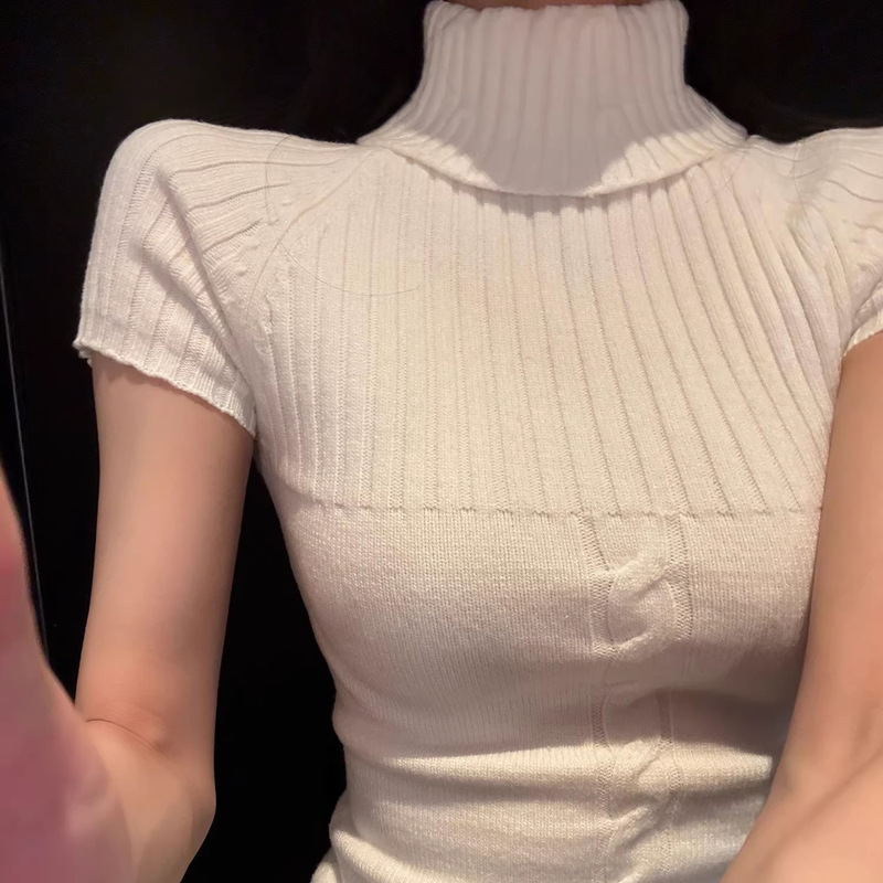 Christmas Outfits Korean-Style Design Twist-Pattern Short-Sleeve Sweater for Women, Spring Slim-Fit Turtleneck Knitwear Christmas Outfits Korean-Style Design Twist-Pattern Short-Sleeve Sweater for Women, Spring Slim-Fit Turtleneck Knitwear