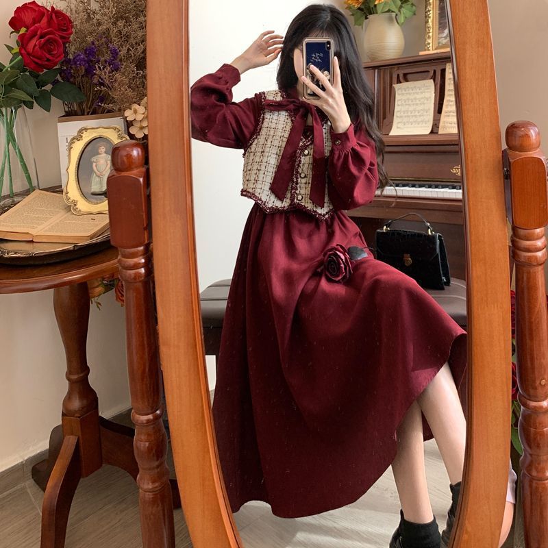 小香风马甲红色连衣裙两件套女秋冬大码法式复古灯芯绒打底长裙子|undefined