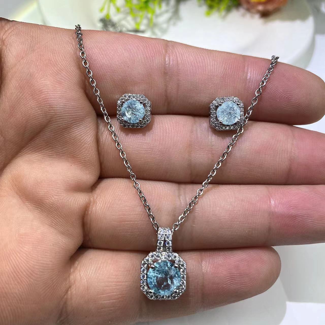 Pendant Necklace, Ear Studs Classification Korean Style Geometric Copper Zircon Pendant Necklace Ear Studs 1 Set