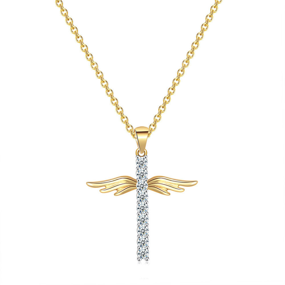 Lina Girl 4MM Cuban Chain Wings Cross Personalized Zircon Angel Pendant Necklace Wholesale From Manufacturer_voghion.com