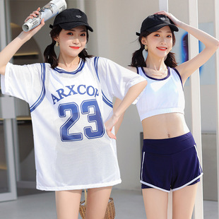 Swimsuit Women's Split Conservative Three-piece Swimsuit Short-sleeved Flesh-Covering Slimming Professional Sportswear for Students