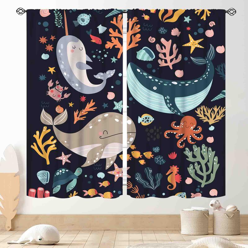 Cross-Border Ocean World Underwater Creatures Colorful Navy Blue Digital Print Curtains for Bedroom and Living Room Wholesale Cross-Border Ocean World Underwater Creatures Colorful Navy Blue Digital Print Curtains for Bedroom and Living Room Wholesale