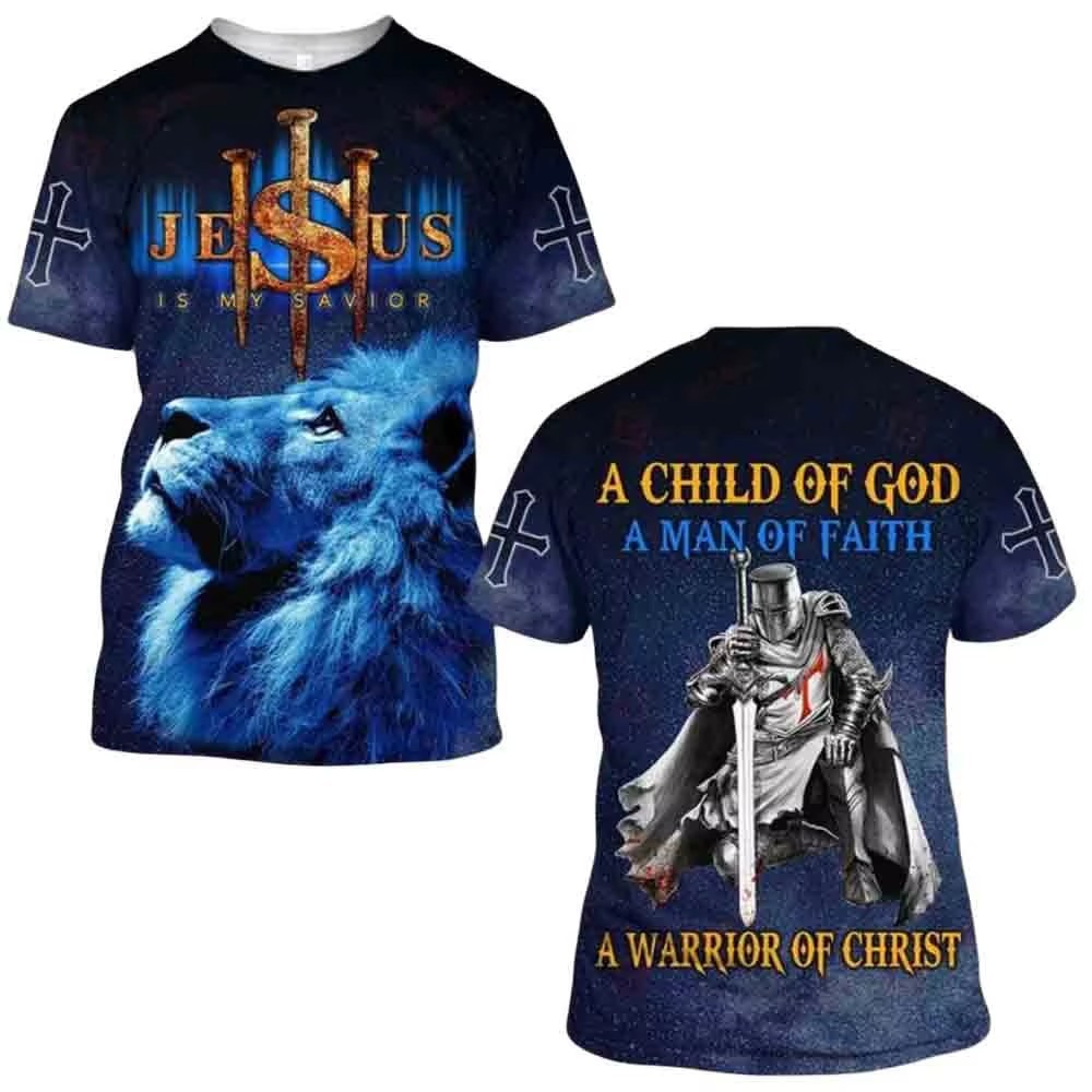 Camiseta transpirable de hombre transpirable de hombro de manga corta de cuello redondo casual con estampado 3D de guerrero de la Cruz Roja transfronteriza europea y americana