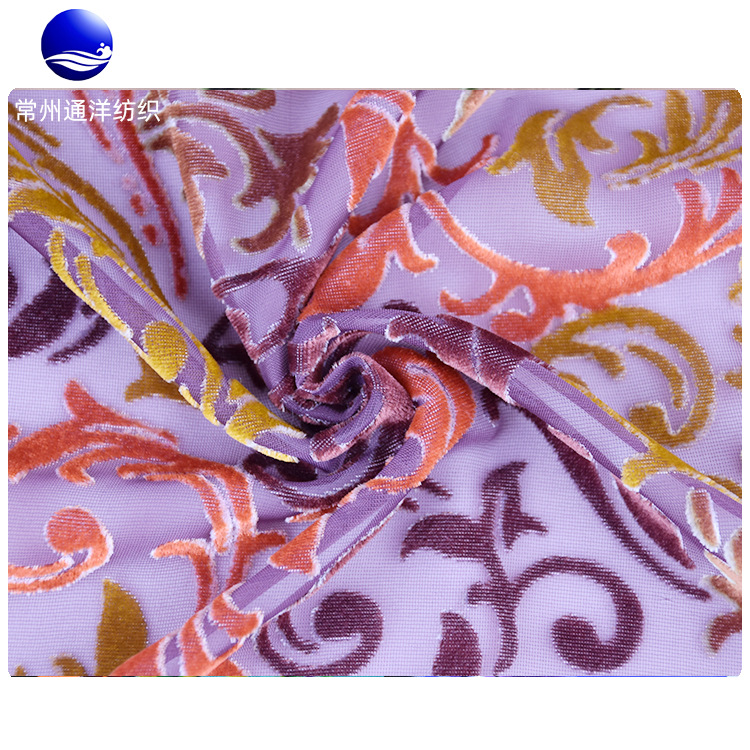 抢手出口好质量梭织女装丝绒无弹面料烂花锦粘绒&厂家供应