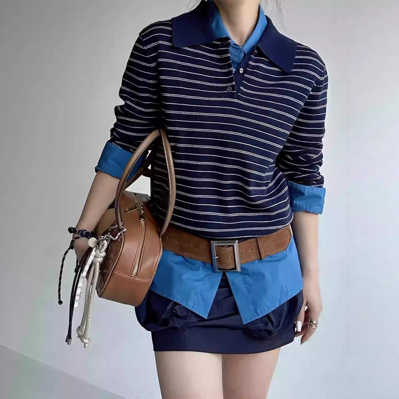 Merino Wool Miu Intellectual Old Money Retro Polo Stripesd Knitwear for Women