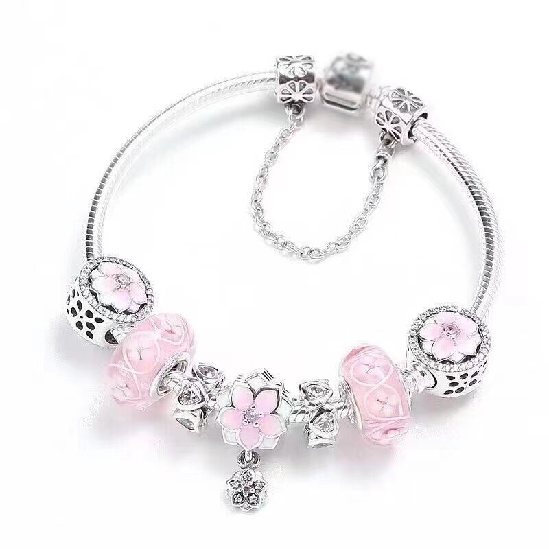 Pan Family Style S925 Pink Sterling Silver Beaded Bracelet Three Lives Three Worlds Ten Miles Peach Blossom Valentine's Day Birthday Gift