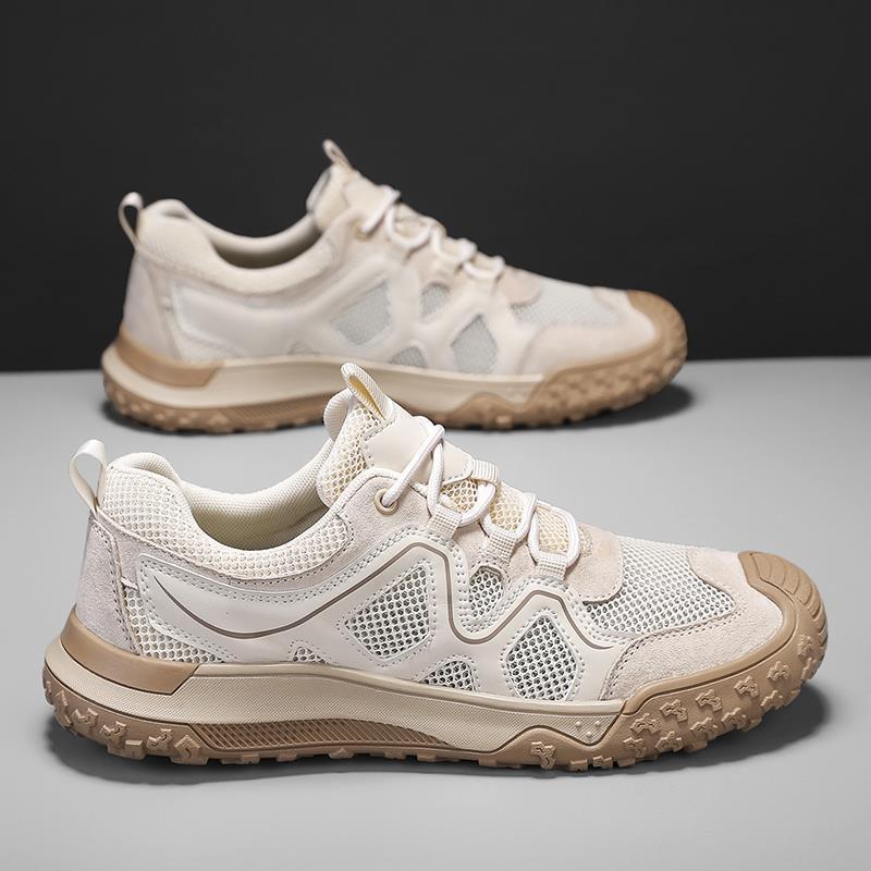 Good Quality Non-Slip Wear-Resistant Thick-Soled Outdoor Sports Mesh Shoes Men's Shoes Genuine Leather Splicing Mesh Anti-Odor Summer Men's Shoes
