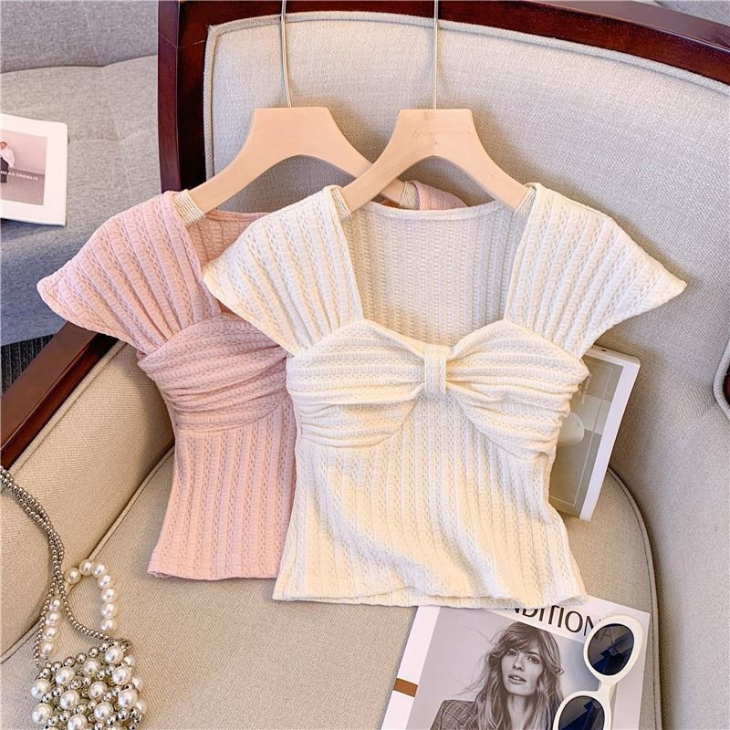 ホットガールショートノースリーブトップ女性のドーパミン着用夏服純粋な欲望スクエアネック右肩シャツデザインリボン|undefined
