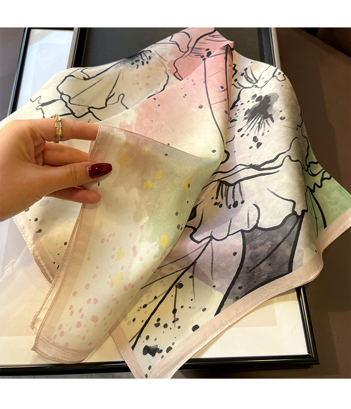 Spring And Autumn Thin Ink Painting Splashing Ink Epiphyllum Twill Silk Square Scarf display picture 4