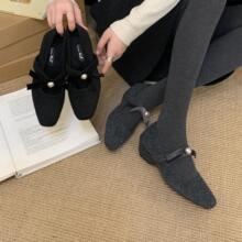 法式坡跟灰色呢子单鞋配裙子晚晚鞋女冬季加绒蝴蝶结玛丽珍毛毛鞋
