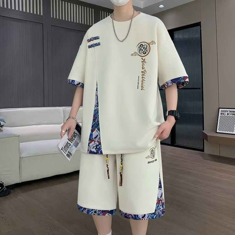 新しい中国風の半袖Tシャツメンズ夏七分袖カジュアルスポーツスーツ男の子着用ショートパンツセット|undefined