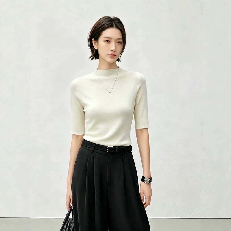26 Early Autumn New [Elegant Style] Half-high collar knitted three-quarter sleeve T-shirt, tight-fitting elastic mid-sleeve base shirt 32073
