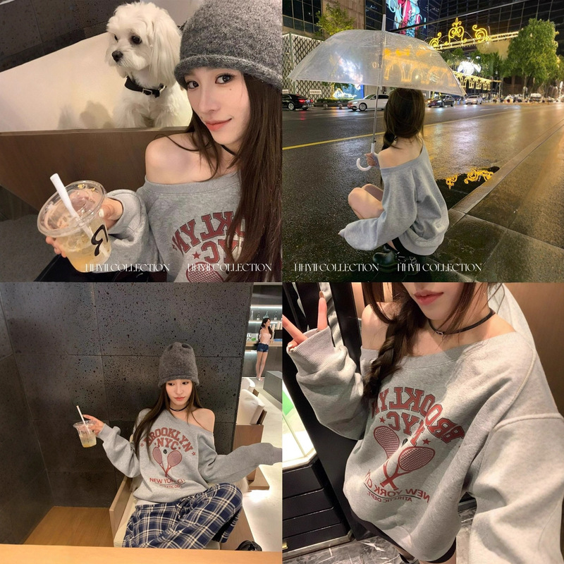 复古网拍字母印花露肩卫衣女高级感百搭斜领上衣美式慵懒春秋薄款|undefined