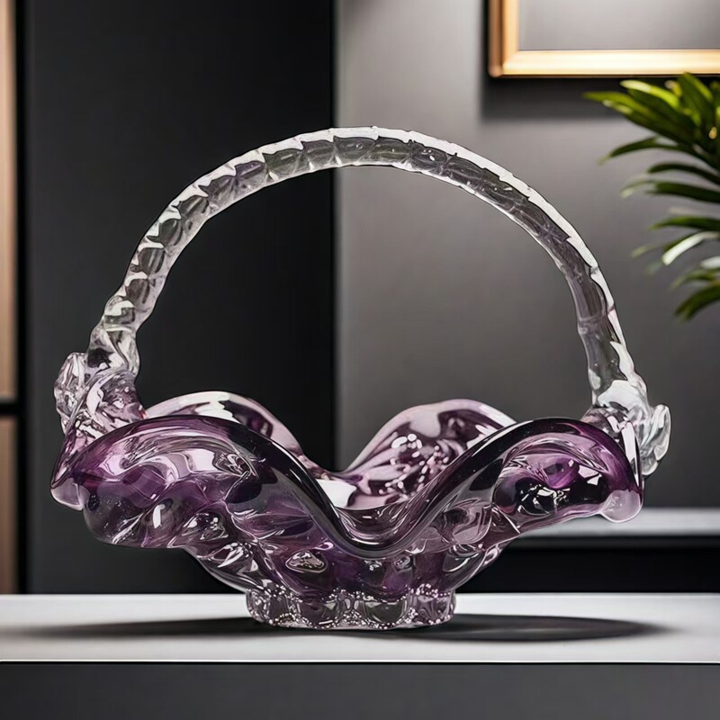 Glass Purple Hand-held Basket Fruit Plate Light Luxury Home Art Fruit Plate Decorative Vase Ornaments Living Room Storage Fruit Basket