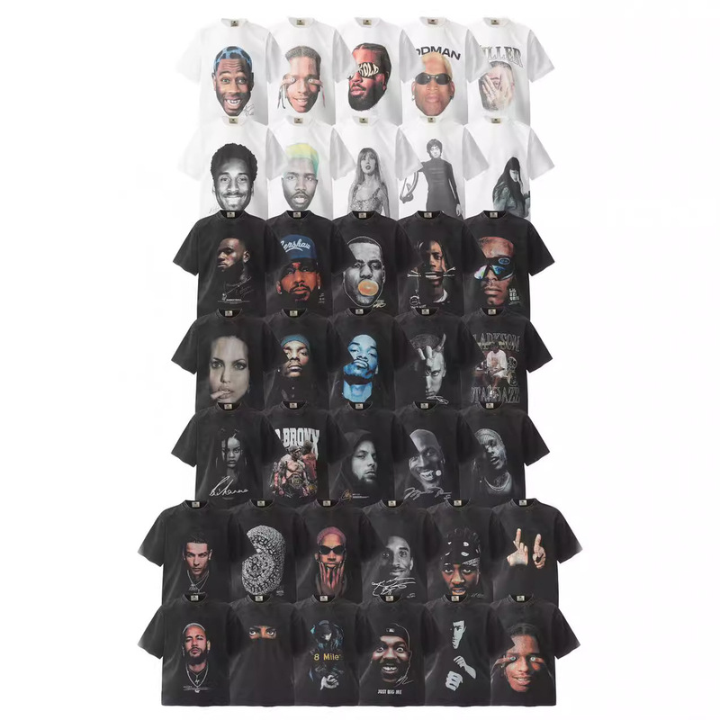 Heavy Vintage White Ink Digital Direct Wash Old Short Sleeve Bruce Lee Kobe Portraits Small Neck T-Shirt for Men