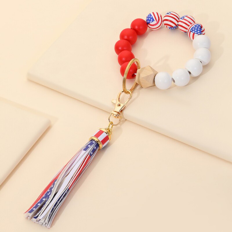 New cross-border Amazon American flag silicone wooden bead bracelet PU leather tassel bracelet pendant key ring pendant
