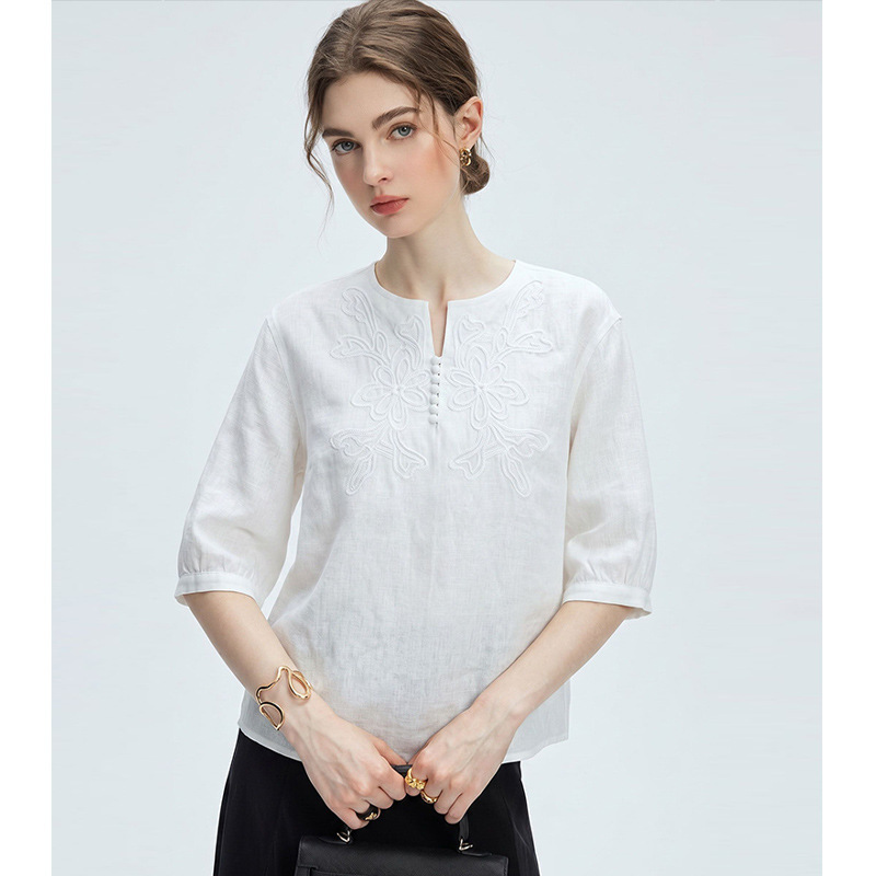 【Zn Order】American-Style High-End Unique and Beautiful White Three-Quarter Sleeve Shirt 2026 Summer Exquisite Embroidered Top for Women 【Zn Order】American-Style High-End Unique and Beautiful White Three-Quarter Sleeve Shirt 2026 Summer Exquisite Embroidered Top for Women