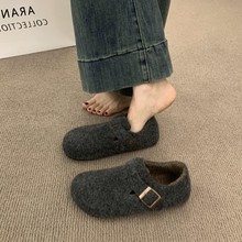 复古圆头毛毡加绒勃肯鞋女加绒秋冬季一脚蹬保暖棉瓢鞋毛呢乐福鞋