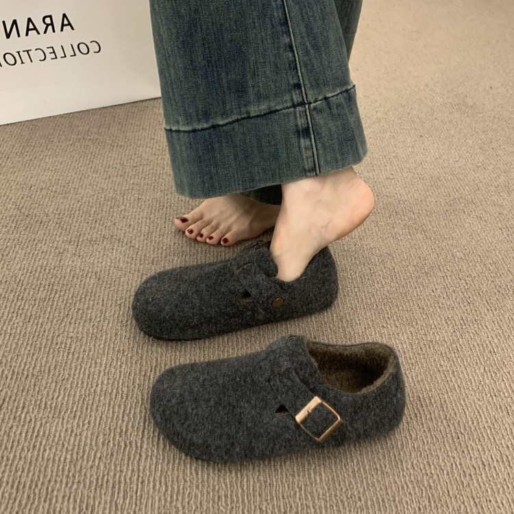 复古圆头毛毡加绒勃肯鞋女加绒秋冬季一脚蹬保暖棉瓢鞋毛呢乐福鞋