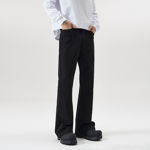 JIAMU Autumn/Winter Elastic Black Bar Straight Leg Jeans for Men Slim Fit Shows Legs Long Bootcut Pants