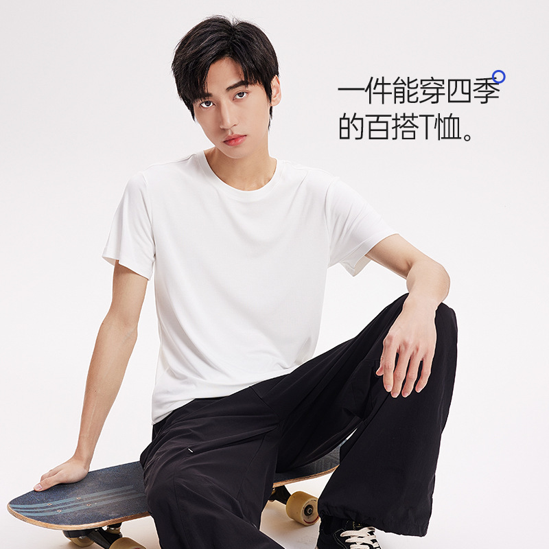 60 camisetas modales de doble cara para hombre de primavera y verano de manga corta, top de color sólido, cuello redondo, camisa de fondo informal