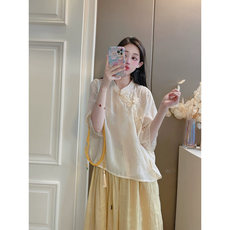 Новый китайский стиль, топ с вышивкой на пуговицах, женская короткая рубашка, летний литературный чайный костюм, крутой стиль, рубашка из хлопка и льна, комплект из двух предметов