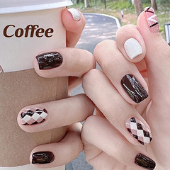 Plaid-inspired fancy milk coffee nail design—brightening milky white paired with deep brown, offering an Instagram-worthy, elegant, and detachable wearable nail accessory in bulk.