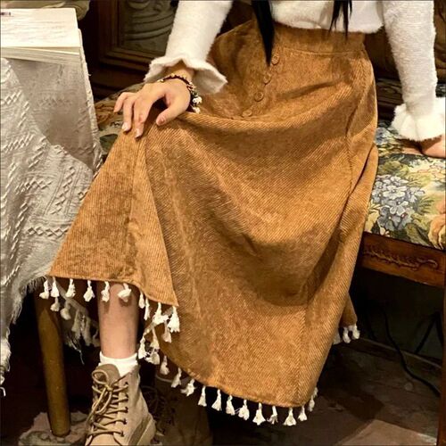 Winter Corduroy Semi-annual High-Waist Slimming Word Semi-annual Long-Sleeved Thick Umbrella Skirt for Women