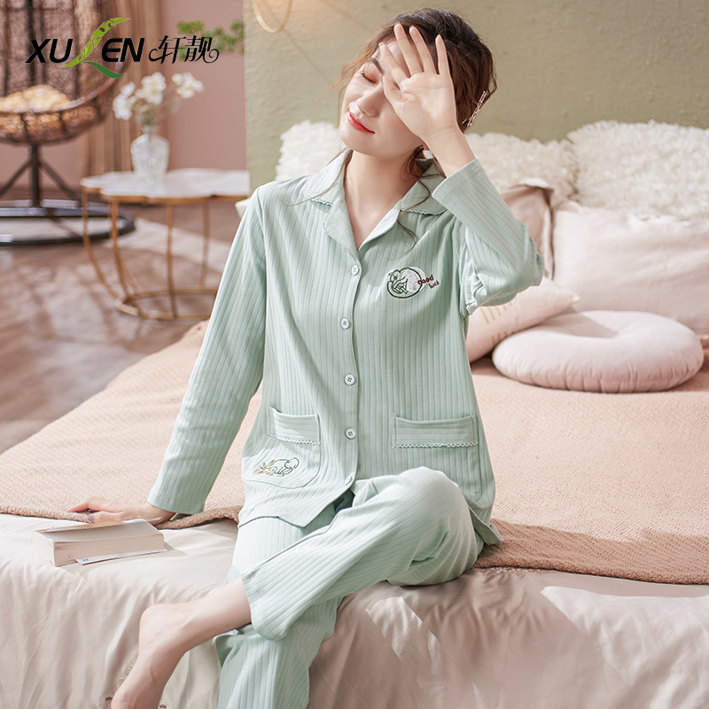 2023 nuevos pijamas de las mujeres de primavera y otoño 100% algodón pantalones de manga larga cardigan Plus tamaño Otoño e Invierno Delgado homewear