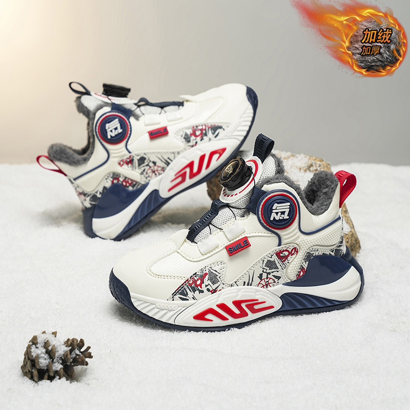 Zapatos de baloncesto antideslizantes al aire libre al por mayor con cuero de invierno de terciopelo, tendencia general, zapatos de botón de calentamiento para niños
