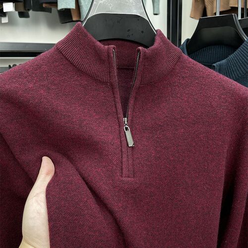 High-end wool sweater for men, half-high collar, zipper, men's thick warm winter solid color top knit sweater, base layer shirt