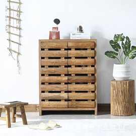 老榆木鞋柜多层实木家具玄关鞋进户门复古怀旧储物柜双开门鞋柜