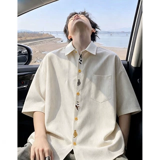 美式潮流设计感短袖衬衫男款2026新款学院风宽松休闲百搭衬衣男装