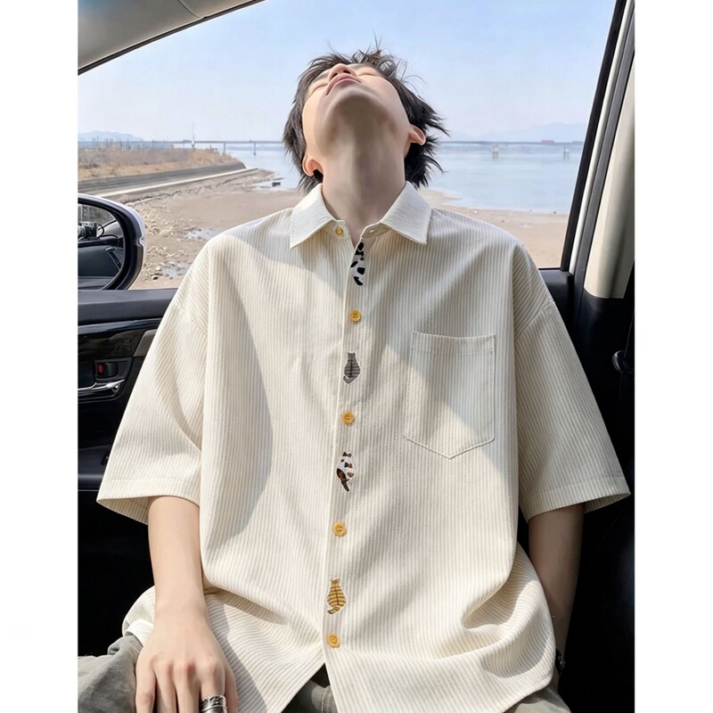 American-Style Striped Cat Embroidery Short-Sleeve Shirt for Men, Summer Trendy Loose Casual Versatile Shirt Jacket, Trendy Brand American-Style Striped Cat Embroidery Short-Sleeve Shirt for Men, Summer Trendy Loose Casual Versatile Shirt Jacket, Trendy Brand