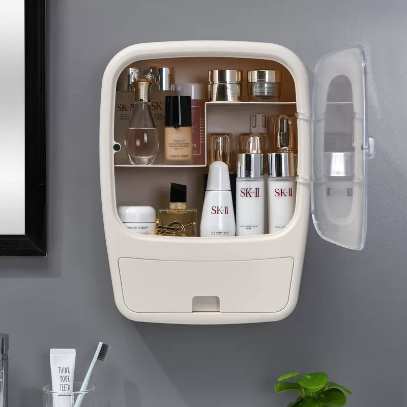 跨境家居收纳盒壁挂免打孔化妆品护肤品抽屉式多格透明防尘盖分格
