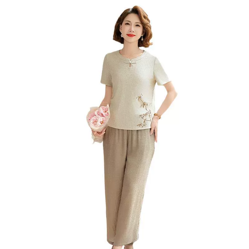 Мама летняя футболка с короткими рукавами 2025 новый средний и пожилой женский летний топ широкий брюки из двух частей