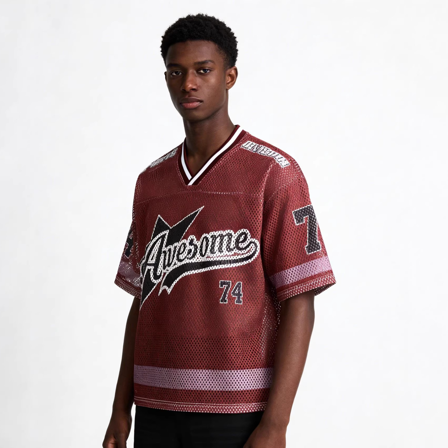Men's Cross Border American Retro V Neck Sports Jersey Basketball Casual T-Shirt Color Blocked No. 77 Mesh Short Sleeved Letter Print_voghion.com