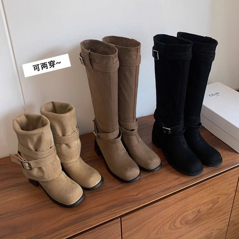 Cowhide Version of Retro Pleated Round Toe Thick Heel Pile Boots 2025 New Autumn and Winter Boots Suede Over-The-Knee Boots