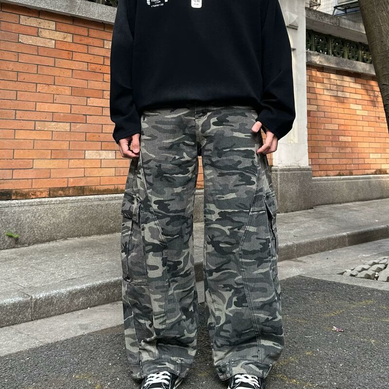 クロスボーダー迷彩ジーンズメンズアメリカンストリートレトロデニムヒップホップハンサムハイストリートルーズカジュアルロングパンツ|undefined